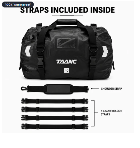 TAANC 40L Waterproof Motorcycle Tail Bag For Bike Touring, Adventure Riding, Camping & Travel | Universal Rear Seat Luggage | Terra Series | Black