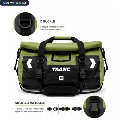 TAANC 40L Waterproof Motorcycle Tail Bag For Bike Touring, Adventure Riding, Camping & Travel | Universal Rear Seat Luggage | Terra Series | Green /Black