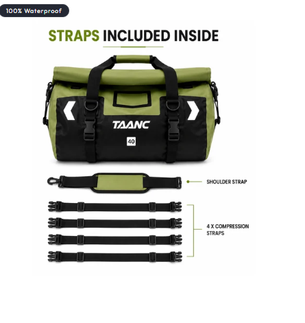 TAANC 40L Waterproof Motorcycle Tail Bag For Bike Touring, Adventure Riding, Camping & Travel | Universal Rear Seat Luggage | Terra Series | Green /Black