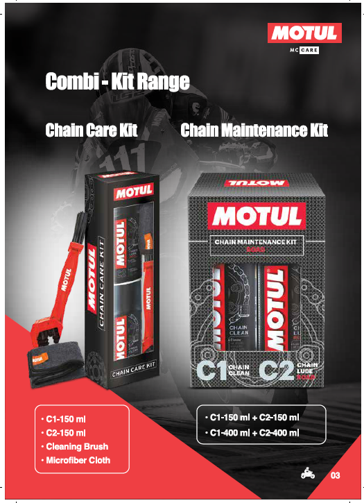 Motul Chain Care Kit — C1 & C2 COMBO 150 ml Each and Microfiber Cloth + Chain Cleaning Brush