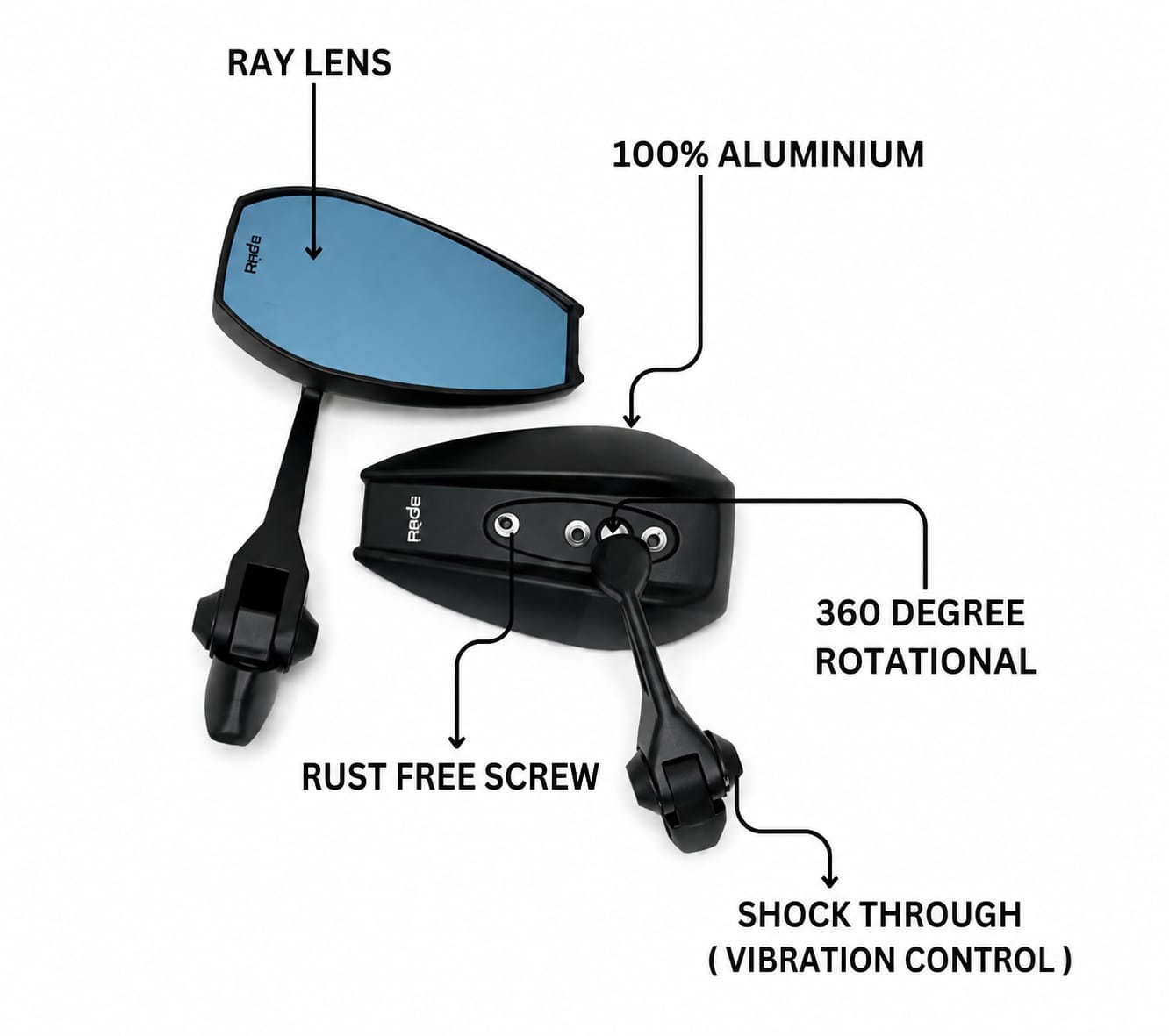 SPIKI Napoleon Ray Mirrors (Pair) | Anti-Glare Oval Mirrors with Short Stem | Anti-Shock | Universal Fit for Motorcycles & Scooters