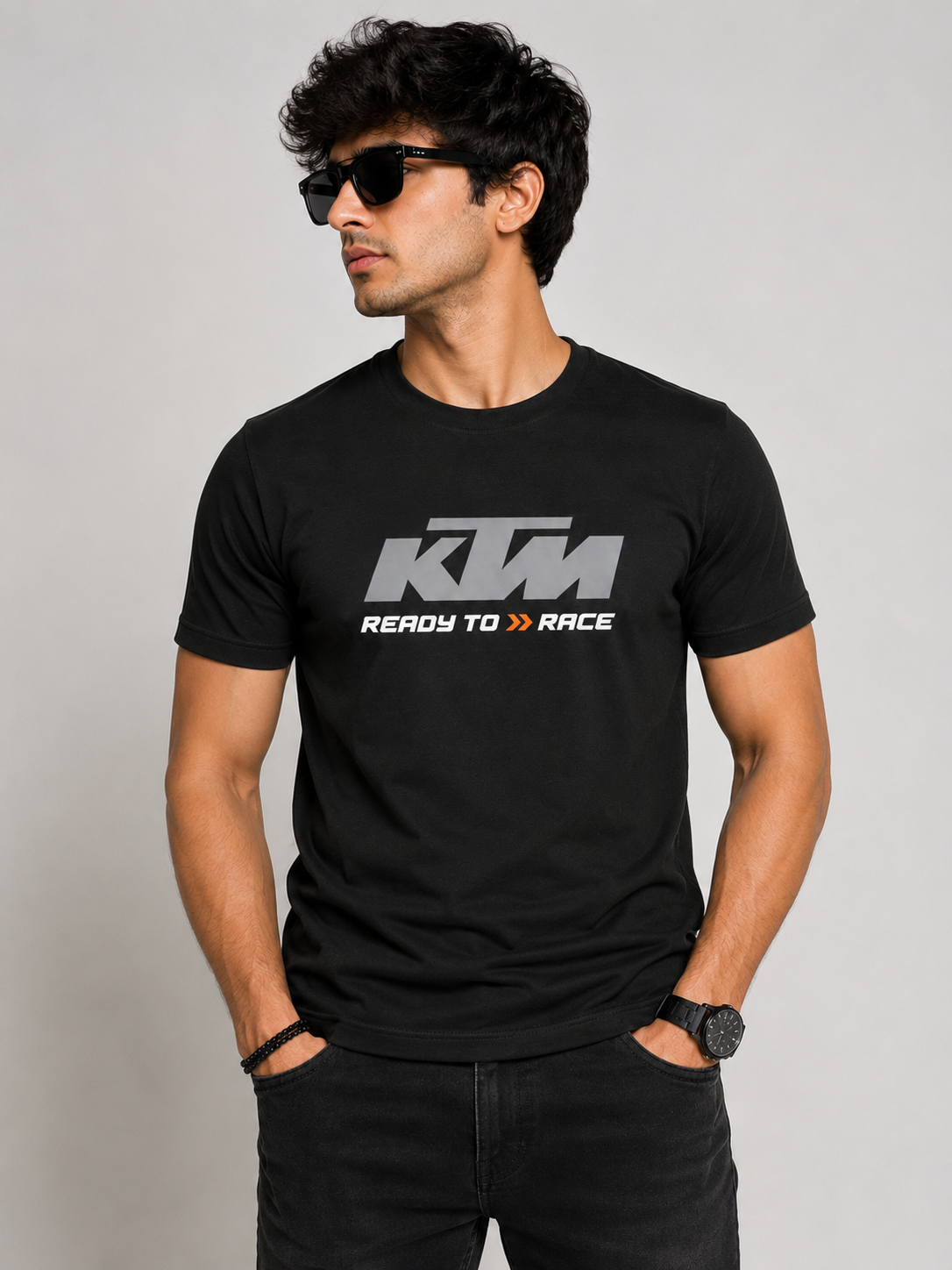 Cotton Signature Crew Neck T-Shirt – BLACK WITH GREY LOGO
