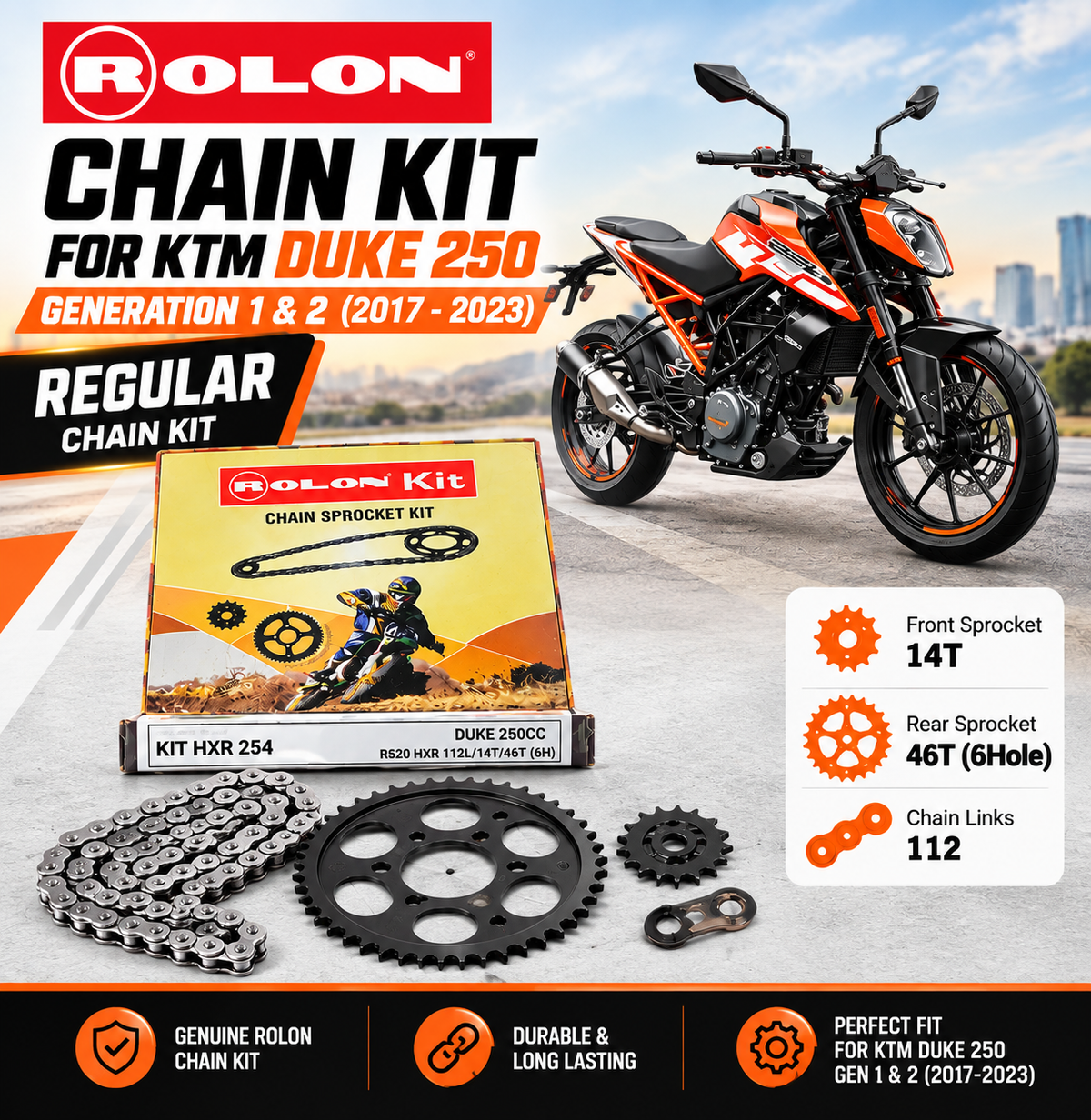 ROLON Chain Kit for KTM Duke 250 Gen 1 & Gen 2 (2017–2023)