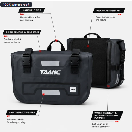 TAANC Terra Series Waterproof Motorcycle Saddle Bags 30L X 2- Adventure Touring Side Luggage Bags - Black